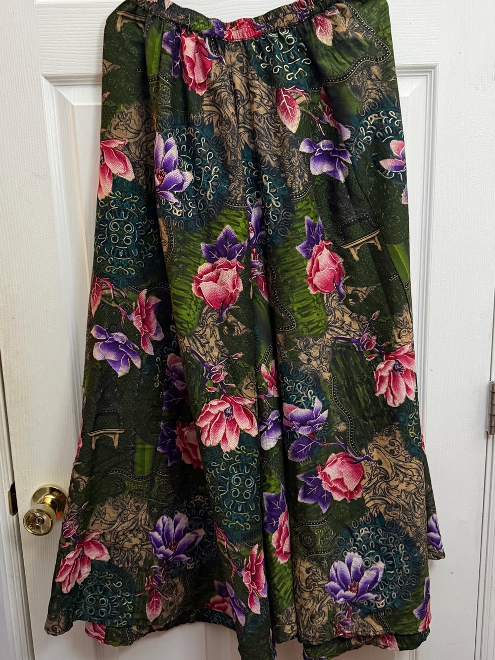 Green Floral A-Line Maxi Skirt with Pink & Purple Blooms